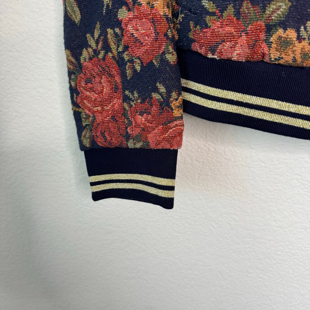 JOA Long Sleeve Floral Bomber Jacket Zip Up Navy Blue Lined Pockets Womens M - Picture 4 of 11